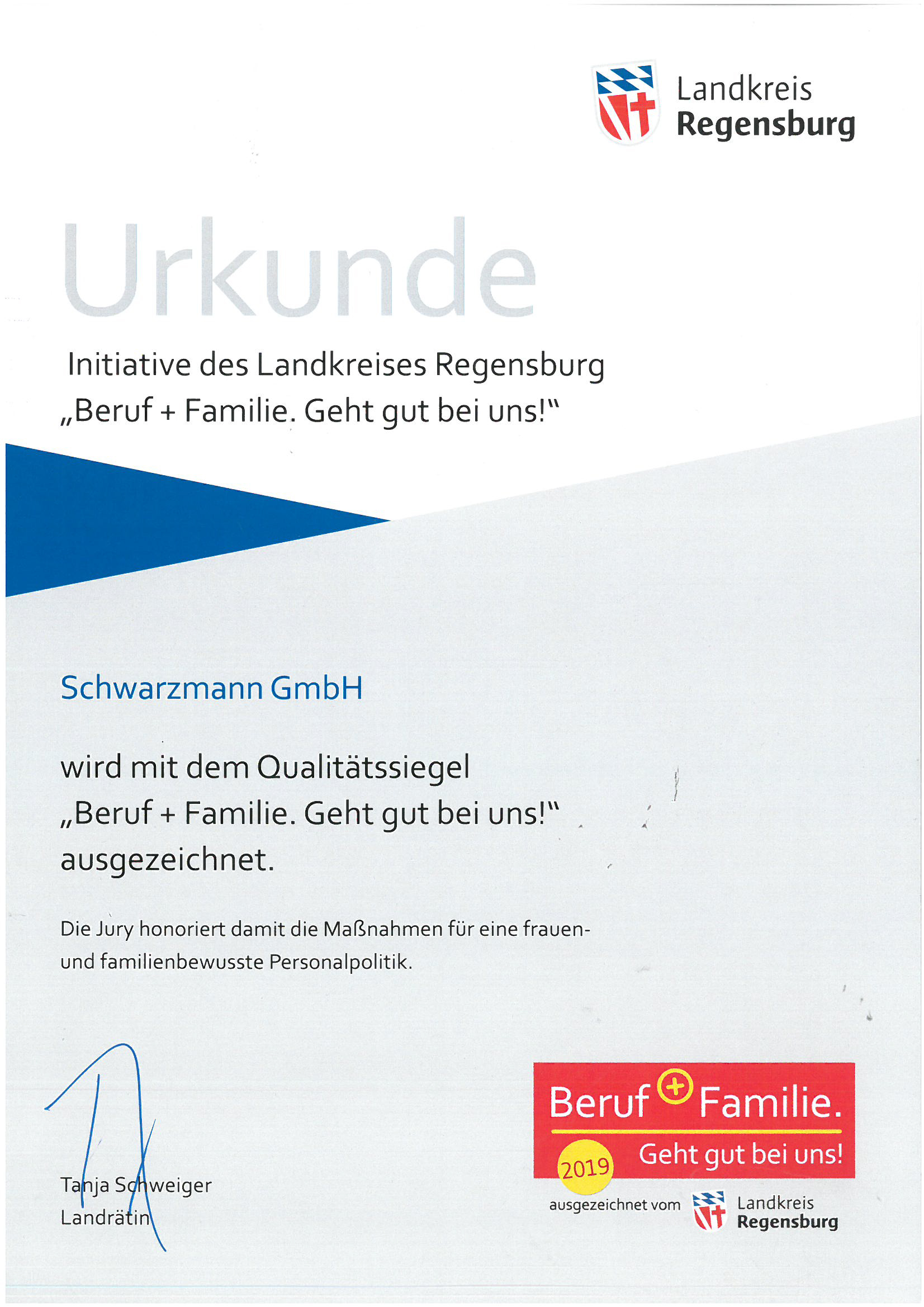 Beruf und Familie Urkunde 2019