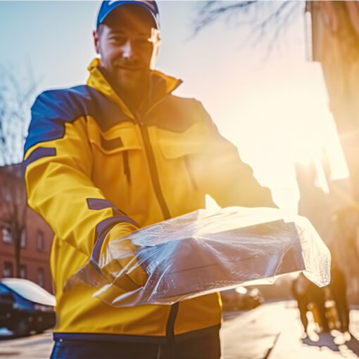 Postbote überreicht ein Paket