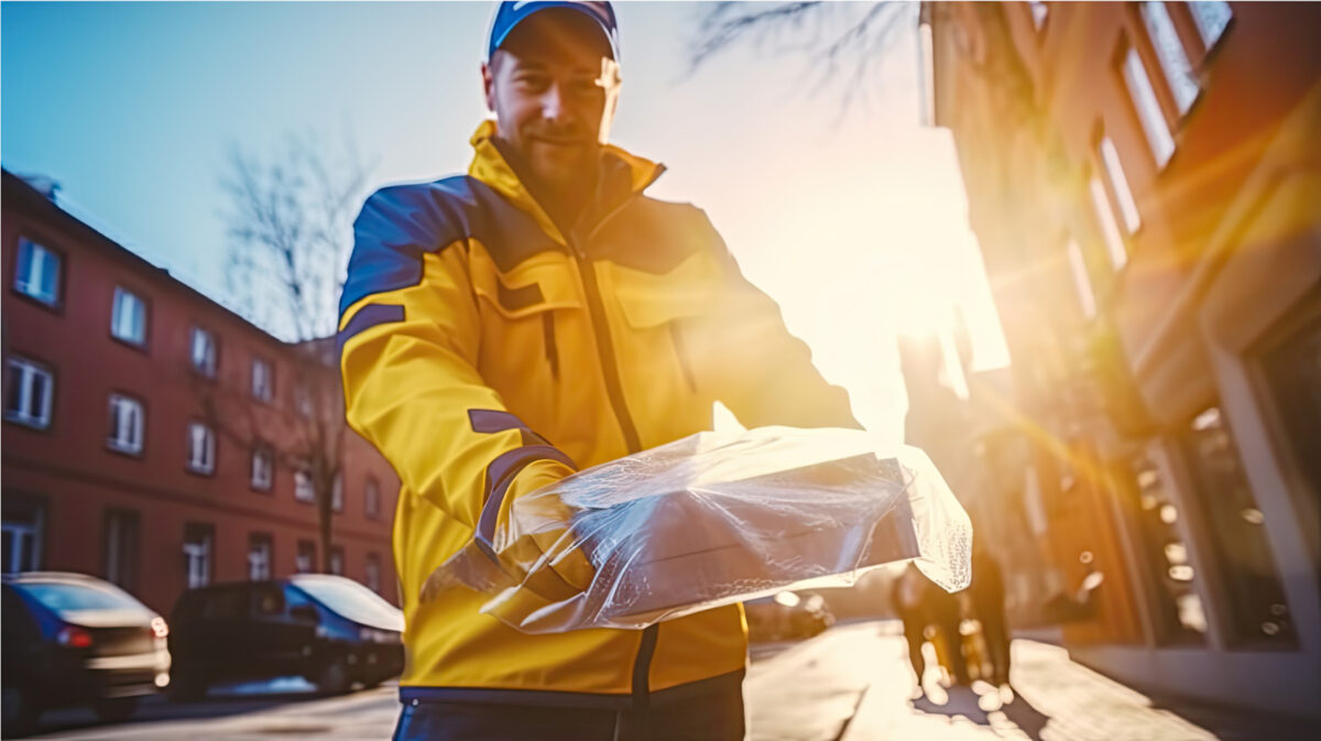 Postbote überreicht ein Paket